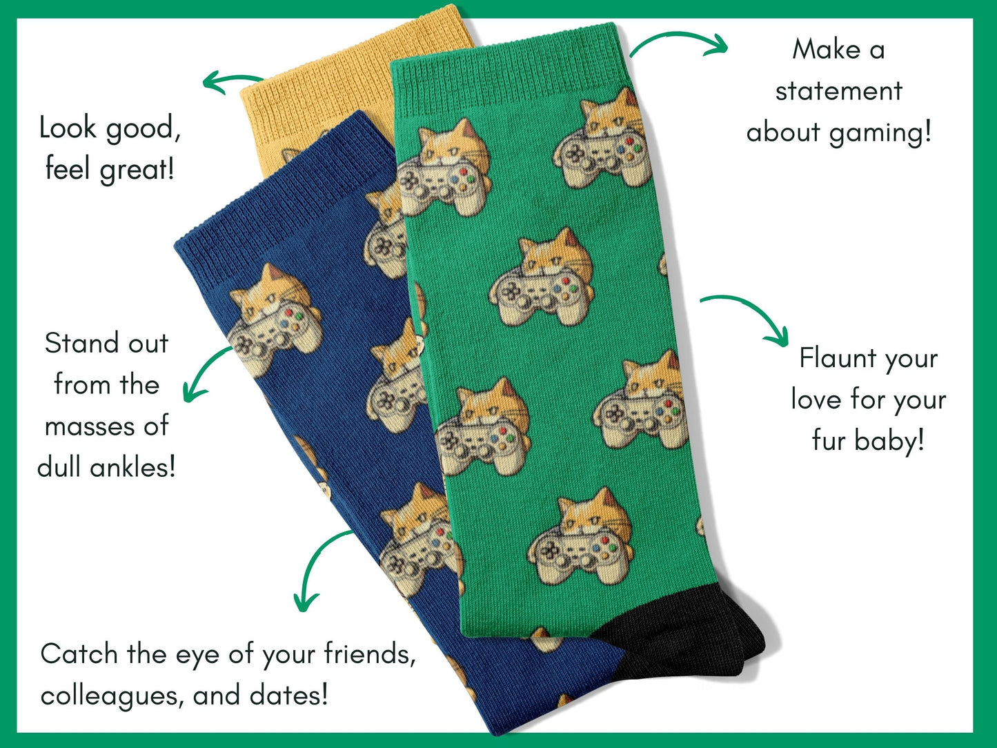 Gaming Cat Socks - Funny Gamer Socks - flatlay-benefits