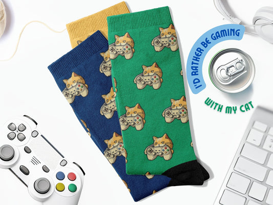 Gaming Cat Socks - Funny Gamer Socks - with Gaming Setup in the background