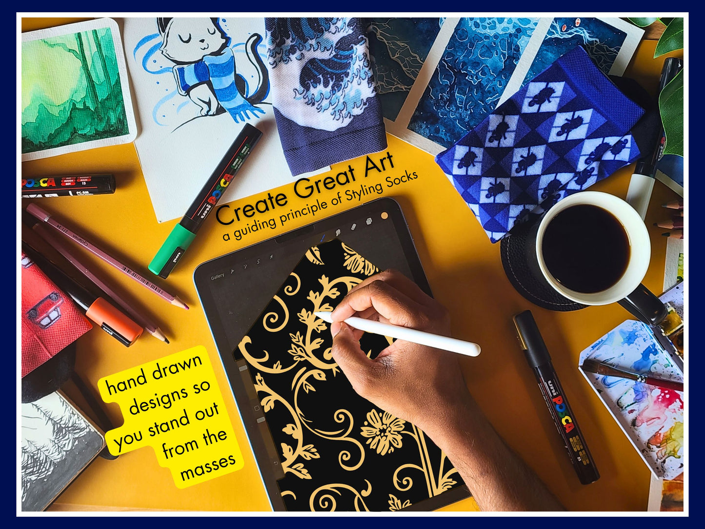 Gold Baroque Socks artist hand drawing the sock design on a tablet