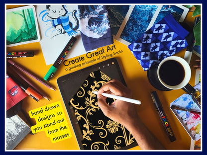 Gold Baroque Socks artist hand drawing the sock design on a tablet