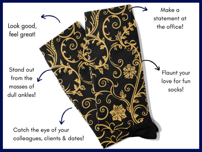 Gold Baroque Socks flat lay of socks with benefits highlighted