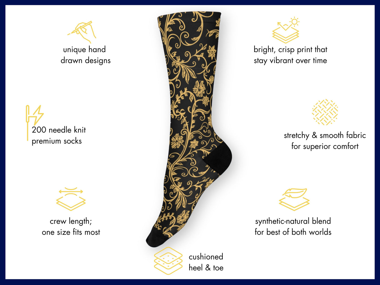 Gold Baroque Socks floating mockup with features highlighted
