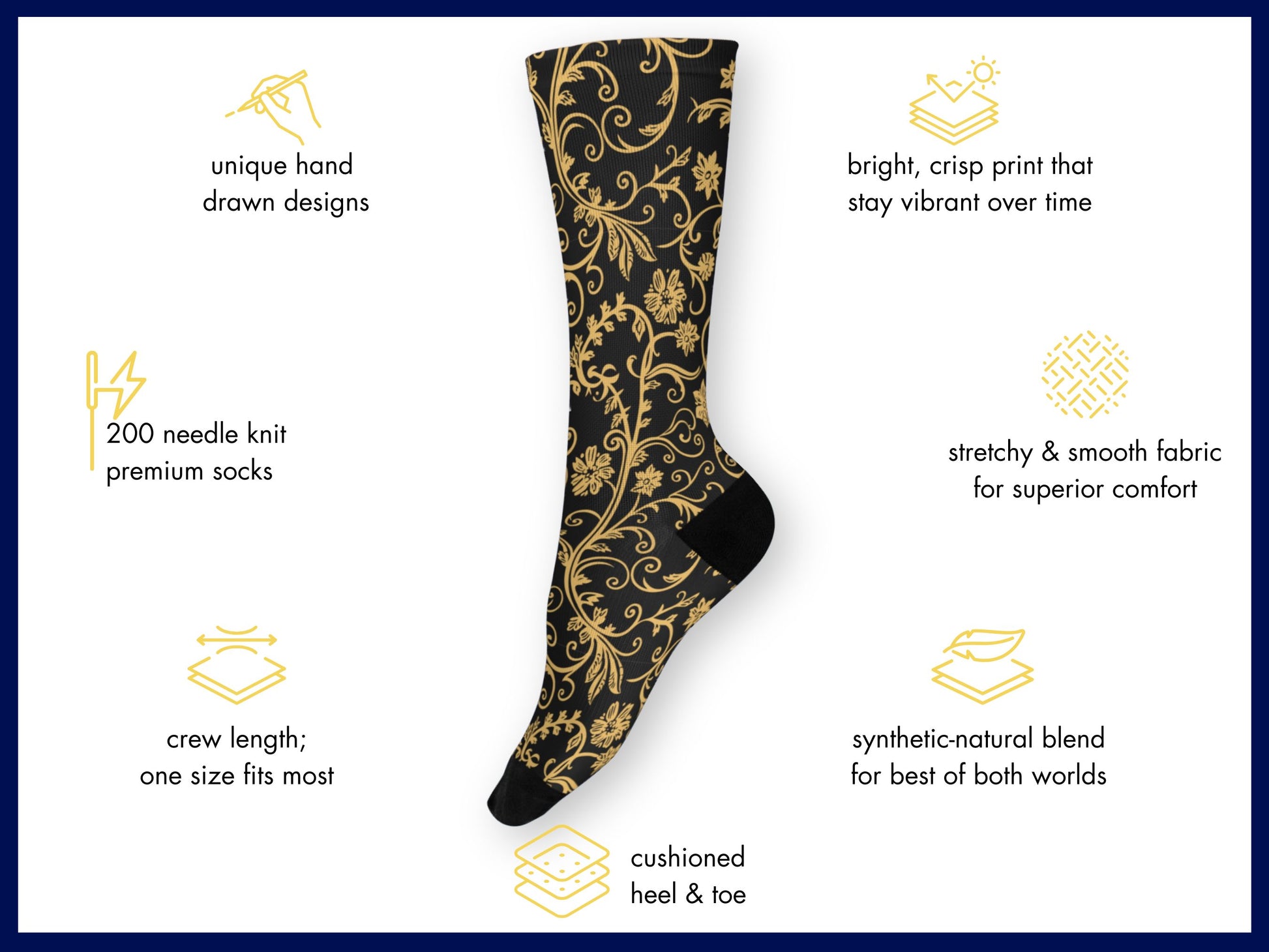 Gold Baroque Socks floating mockup with features highlighted