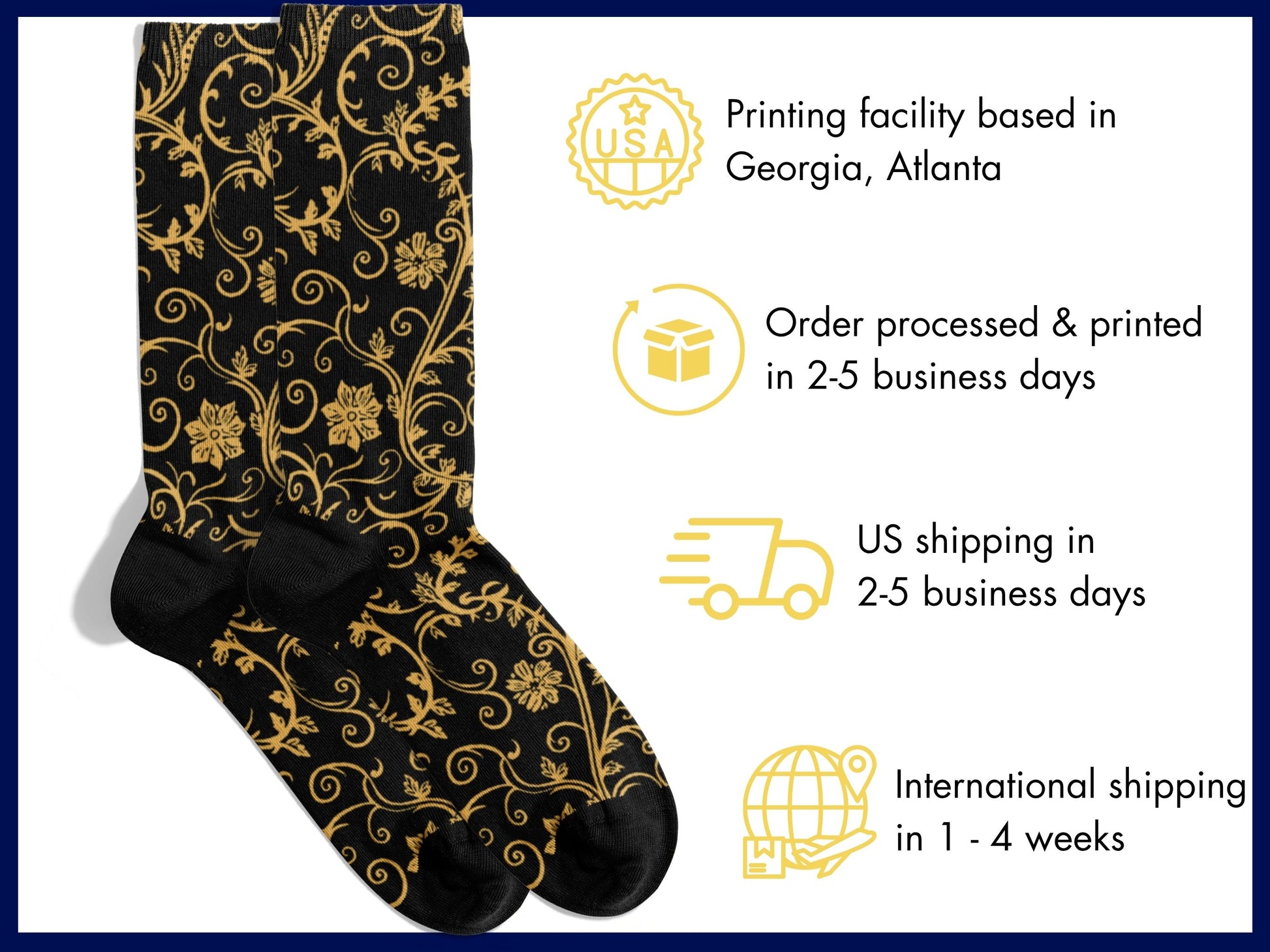 Gold Baroque Socks flat lay of socks with shipping details overlay