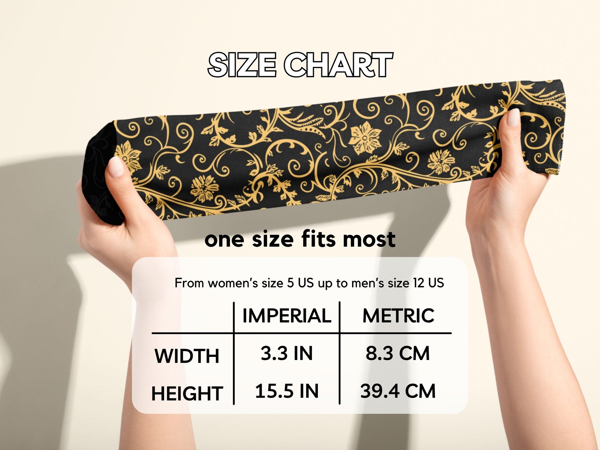 Gold Baroque Socks hands stretching socks with size chart overlay