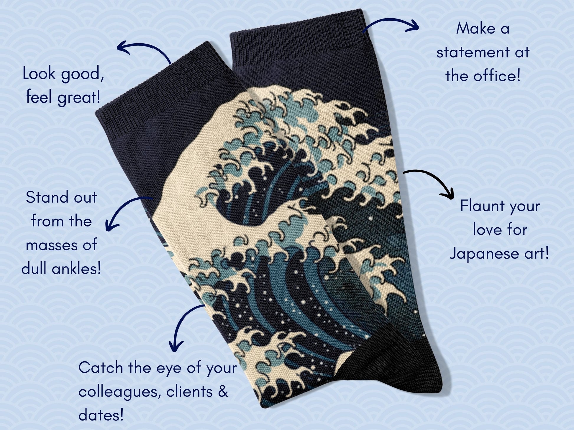 Great Wave Socks - Hokusai Japanese Art Socks - flatlay-benefits