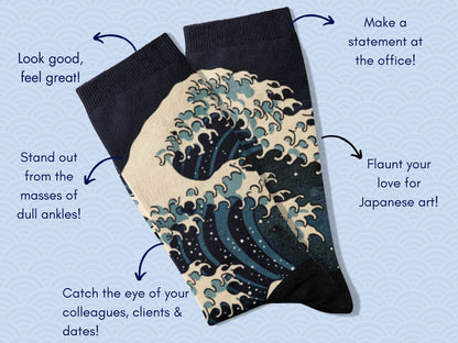 Great Wave Socks - Hokusai Japanese Art Socks - flatlay-benefits