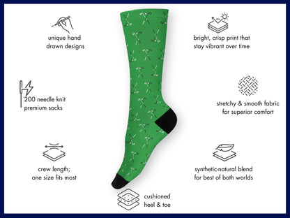 Green Golf Socks – Club & Ball Pattern Crew floating mockup with features highlighted