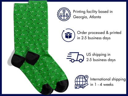 Green Golf Socks – Club & Ball Pattern Crew flat lay of socks with shipping details overlay