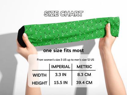 Green Golf Socks – Club & Ball Pattern Crew hands stretching socks with size chart overlay