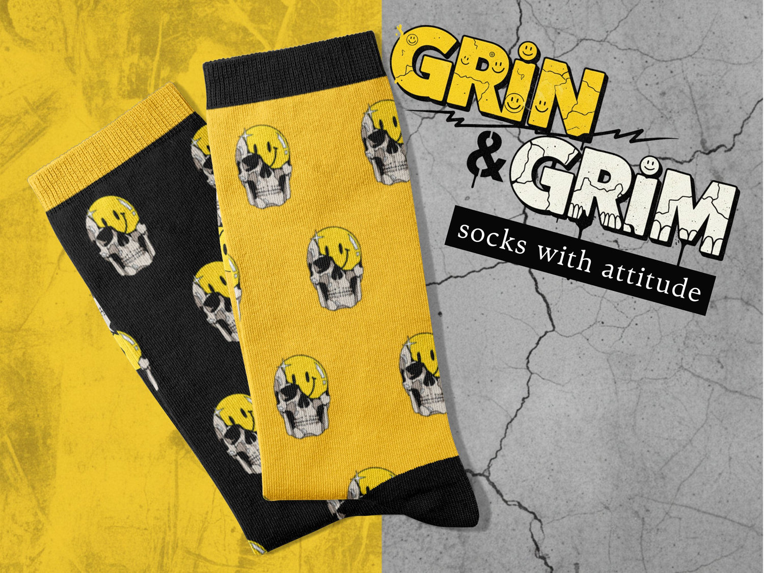 Yellow and black socks with skull designs on a textured gray background, featuring 'Grin & Grim' branding.