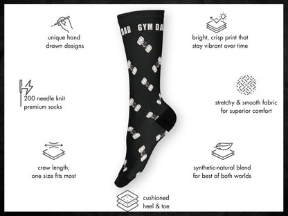Gym Dad Workout Socks – Fitness Novelty Crew floating mockup with features highlighted