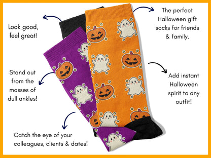 Two pairs of Halloween-themed socks with pumpkins and ghosts on an orange background showing the benefits