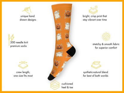 Orange sock with Halloween-themed design on a white background with feature text.