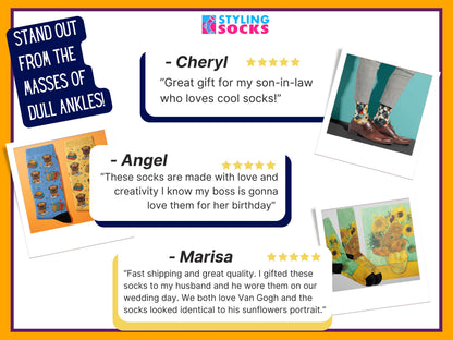 A collage of customer reviews and testimonials for Styling Socks with product images.