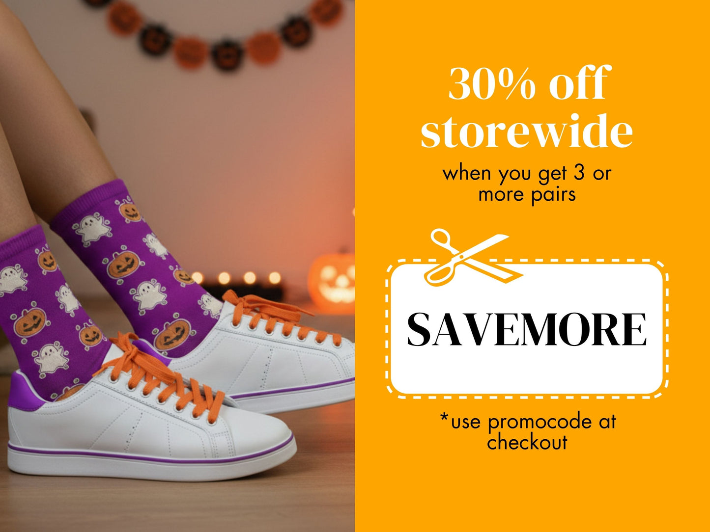 Person wearing purple Halloween-themed socks with white sneakers on a wooden floor, promotional text for Savemore on an orange background.