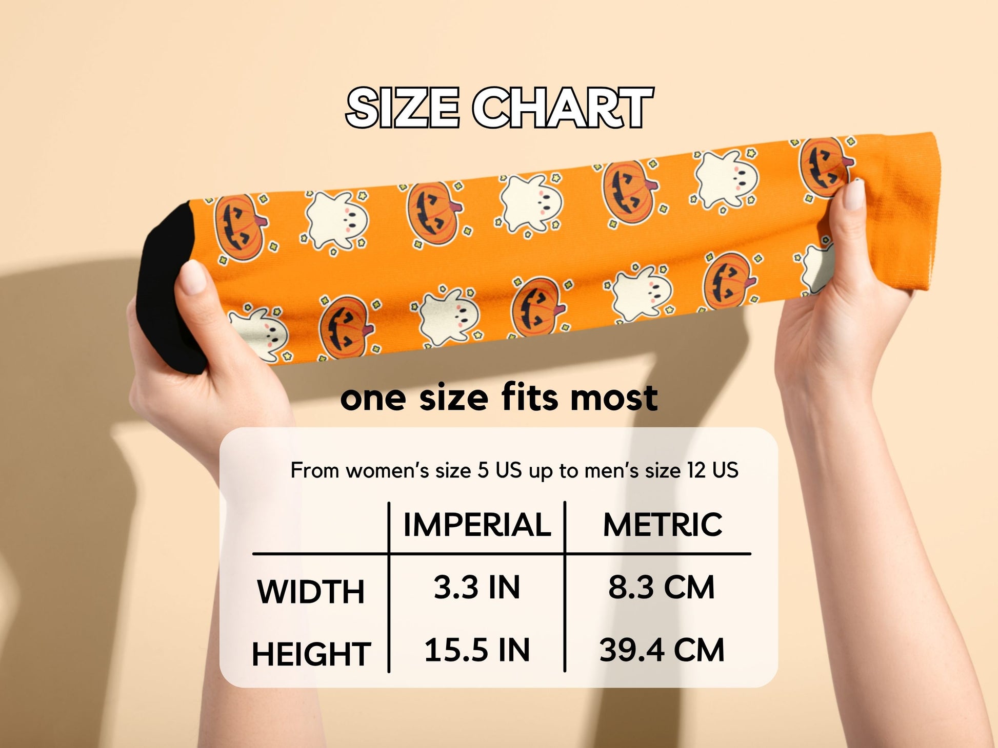 Halloween-themed  Ghost & Pumpkin socks with a size chart on a beige background