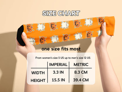 Halloween-themed  Ghost & Pumpkin socks with a size chart on a beige background