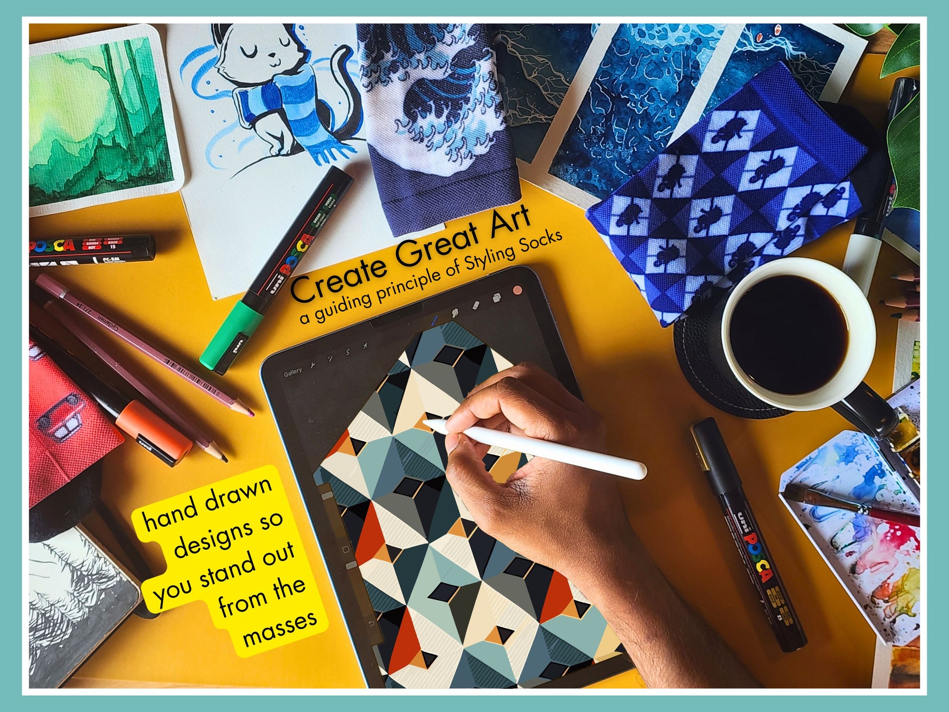 Japanese Geometric Dress Socks artist hand drawing the sock design on a tablet
