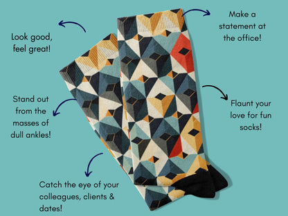 Japanese Geometric Dress Socks flat lay of socks with benefits highlighted