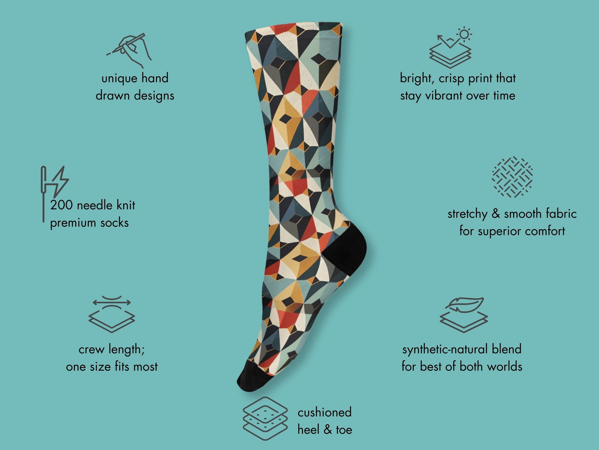 Japanese Geometric Dress Socks floating mockup with features highlighted