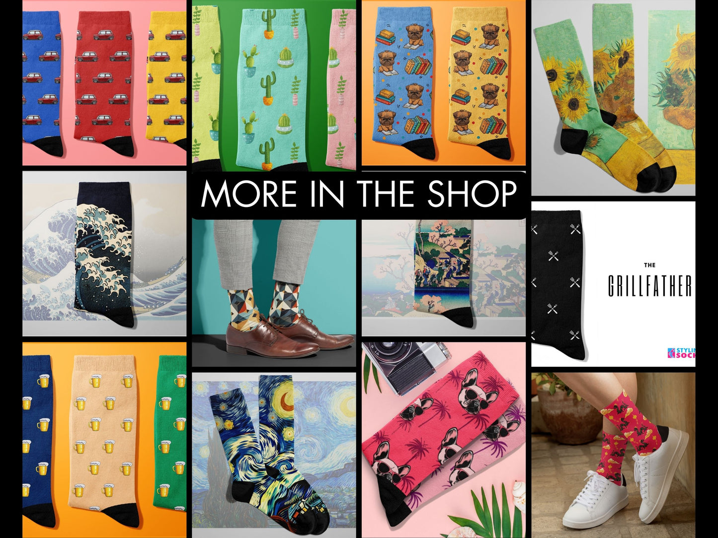 Japanese Geometric Dress Socks collage of multiple colourful Styling Socks designs