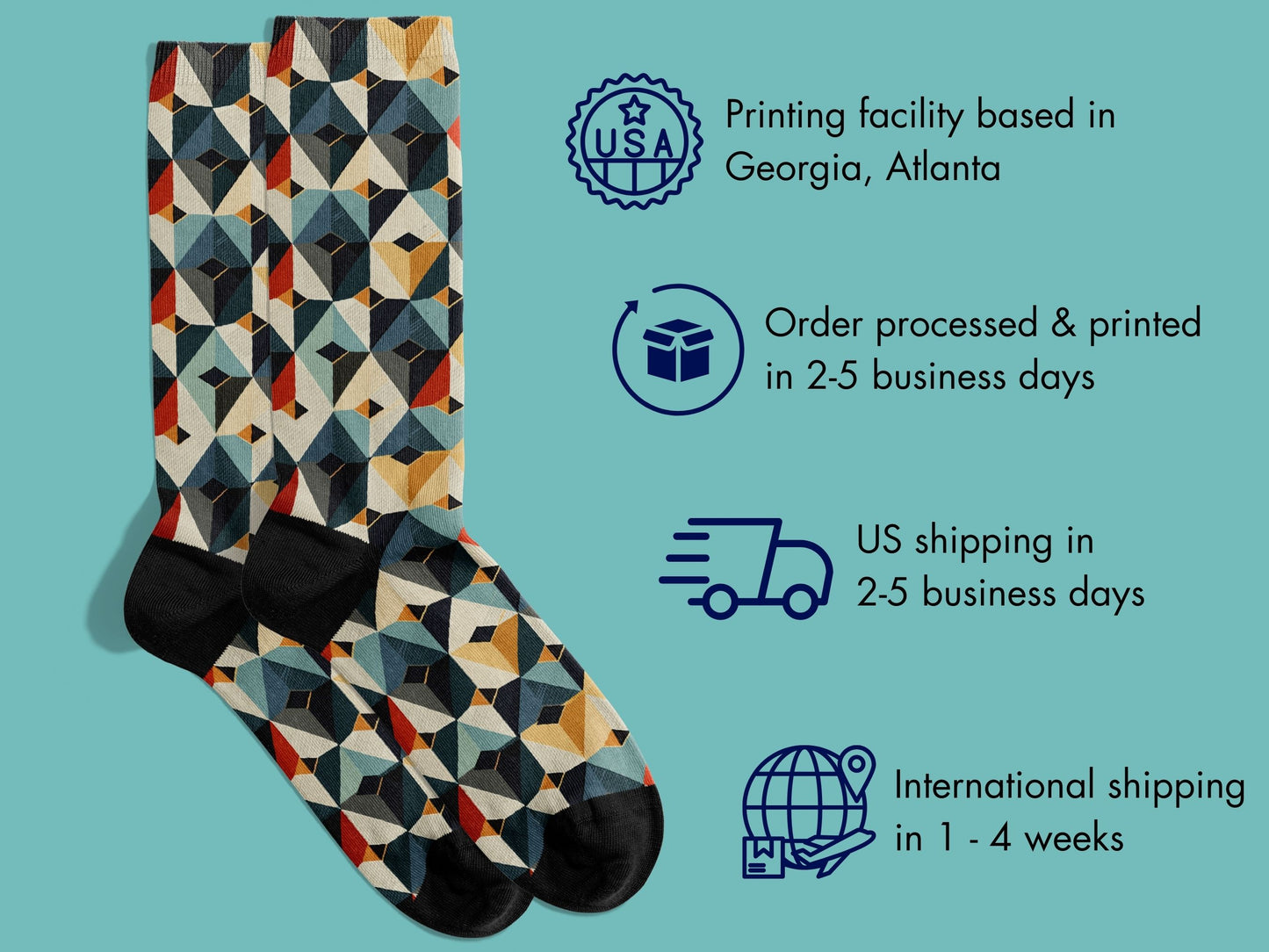Japanese Geometric Dress Socks flat lay of socks with shipping details overlay