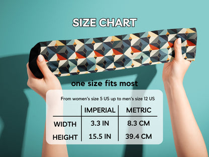 Japanese Geometric Dress Socks hands stretching socks with size chart overlay