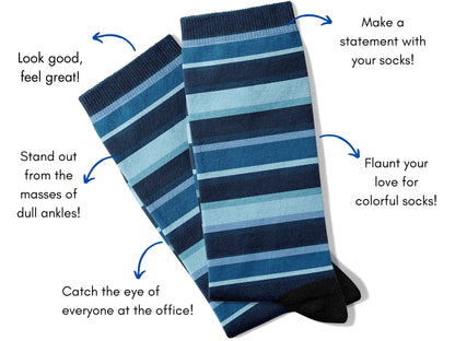 Luxury Striped Dress Socks – Navy with Color Pop flat lay of socks with benefits highlighted