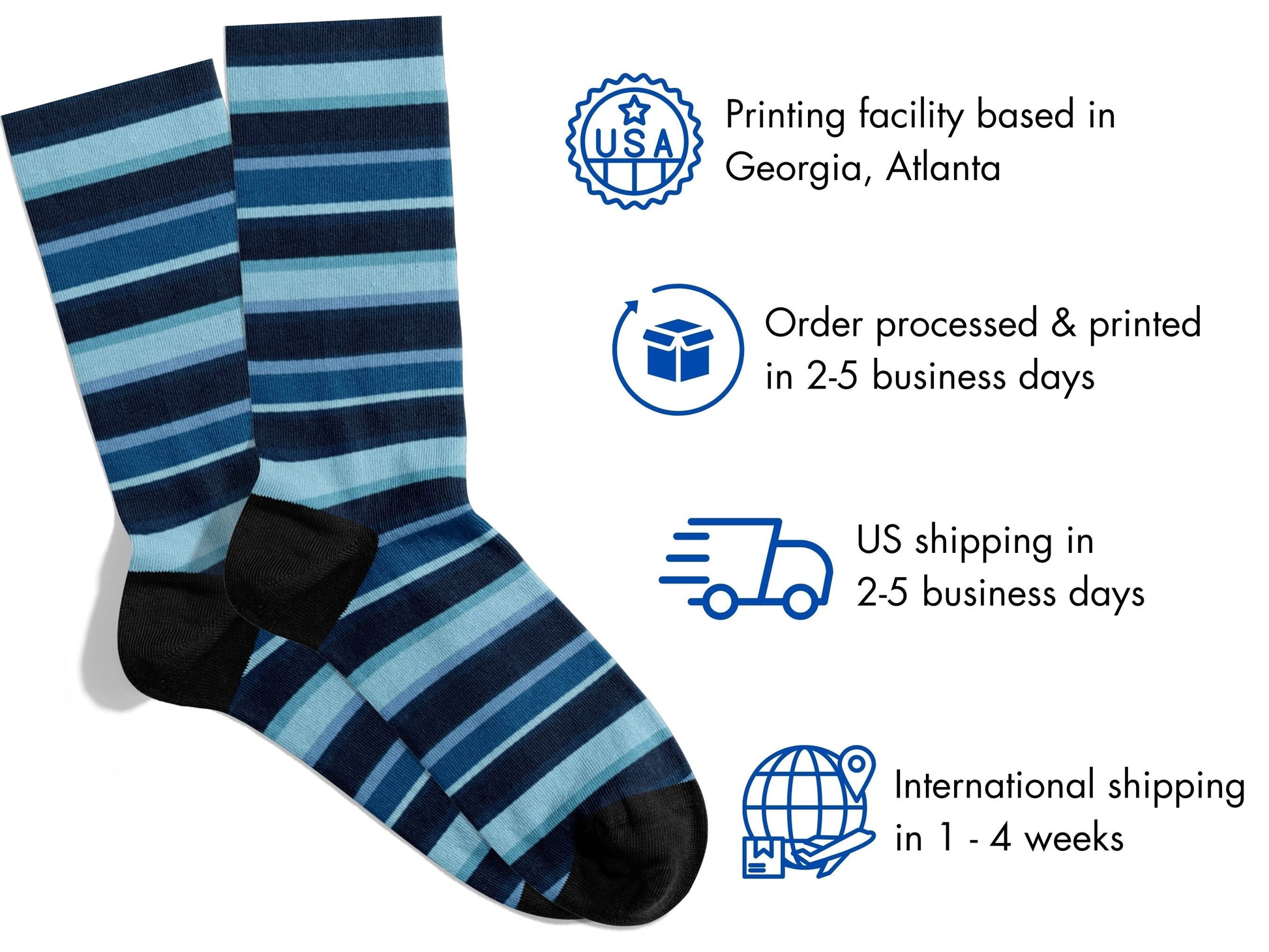 Luxury Striped Dress Socks – Navy with Color Pop flat lay of socks with shipping details overlay