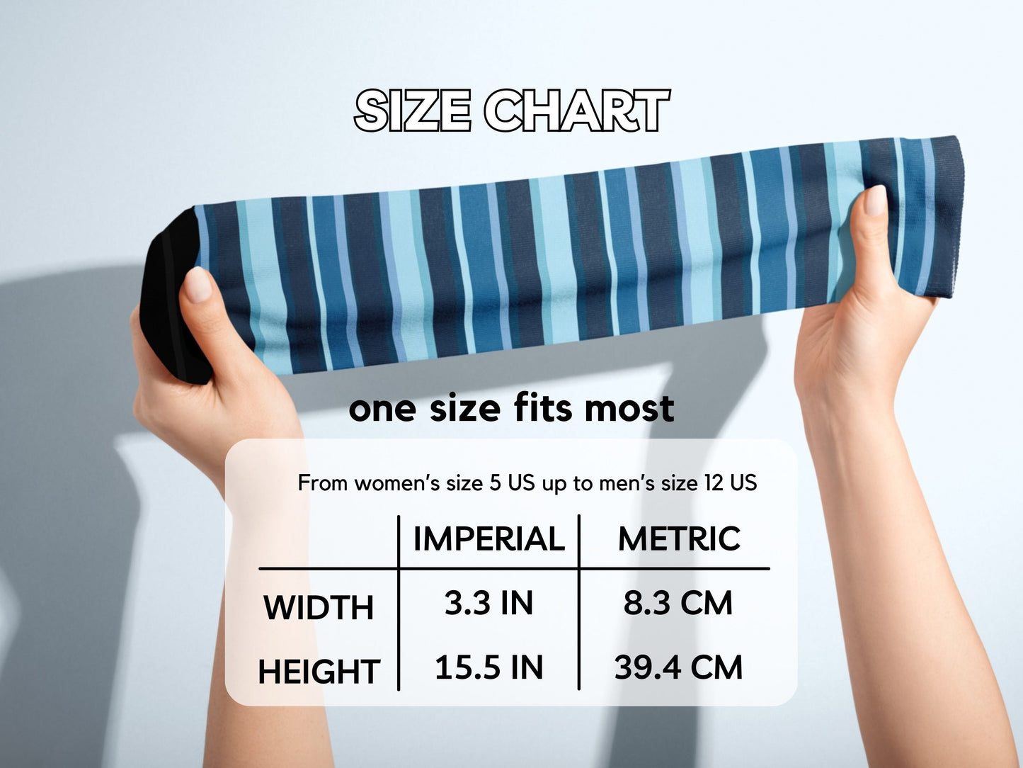 Luxury Striped Dress Socks – Navy with Color Pop with hands stretching socks with size chart overlay
