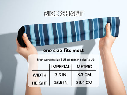 Luxury Striped Dress Socks – Navy with Color Pop with hands stretching socks with size chart overlay