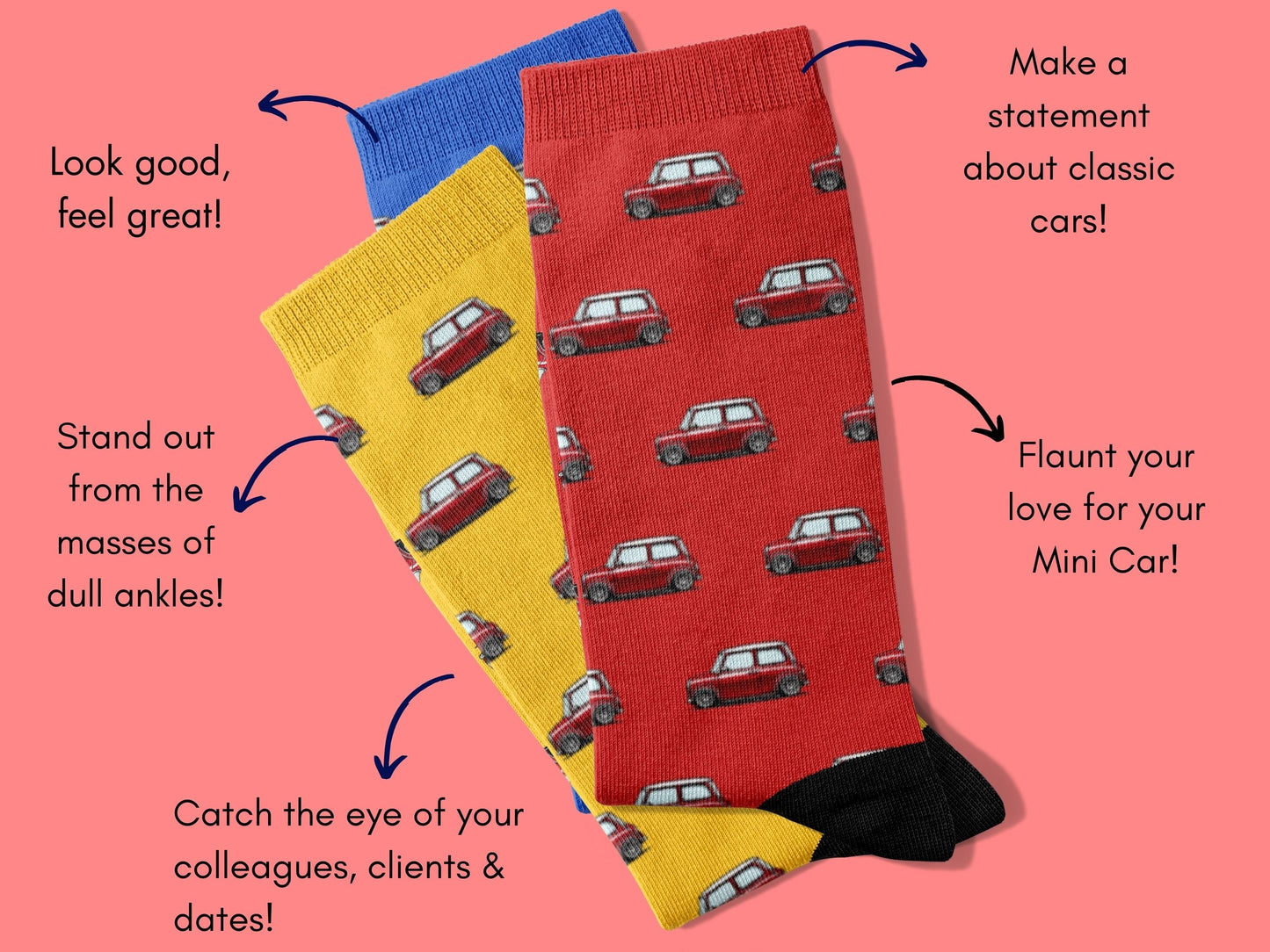 Mini Car Socks - Fun Colorful Socks for Car Enthusiasts - flatlay-benefits