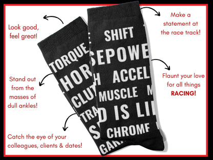 Motorsports Fan Automotive Text Socks – Novelty Crew flat lay of socks with benefits highlighted