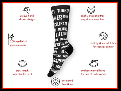 Motorsports Fan Automotive Text Socks – Novelty Crew floating mockup with features highlighted