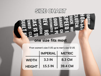 Motorsports Fan Automotive Text Socks – Novelty Crew hands stretching socks with size chart overlay