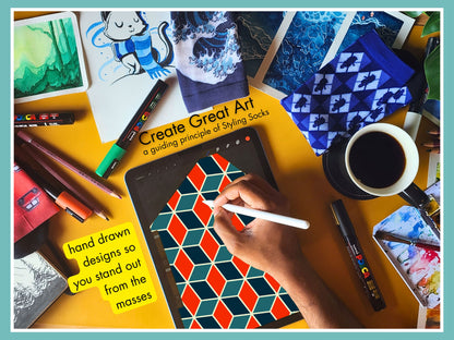 Nautical Geometric Socks artist hand drawing the sock design on a tablet