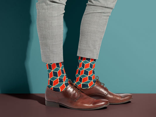 Nautical Geometric Socks styled with dress shoes in a lifestyle shot
