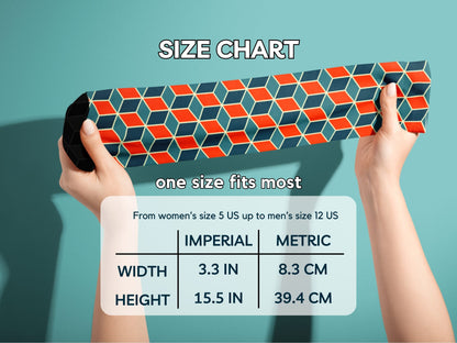 Nautical Geometric Socks hands stretching socks with size chart overlay