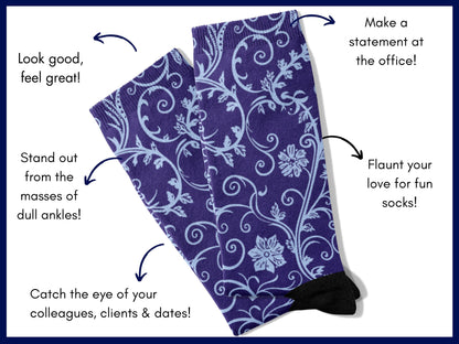 Navy Baroque Floral Dress Socks flat lay of socks with benefits highlighted