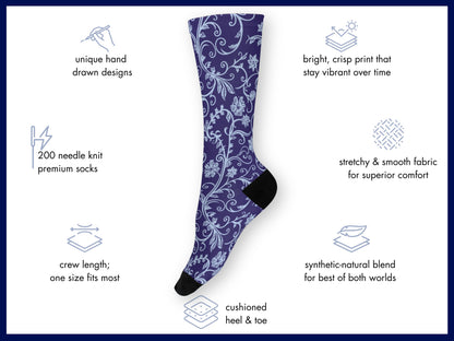 Navy Baroque Floral Dress Socks floating mockup with features highlighted