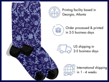 Navy Baroque Floral Dress Socks flat lay of socks with shipping details overlay