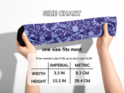 Navy Baroque Floral Dress Socks hands stretching socks with size chart overlay