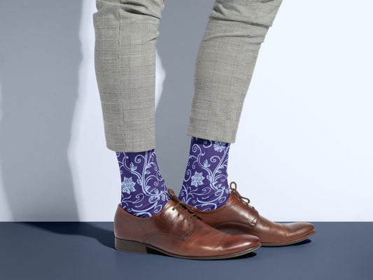Navy Baroque Floral Dress Socks styled with dress shoes in a lifestyle shot