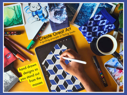 Navy Geometric Dress Socks artist hand drawing the sock design on a tablet