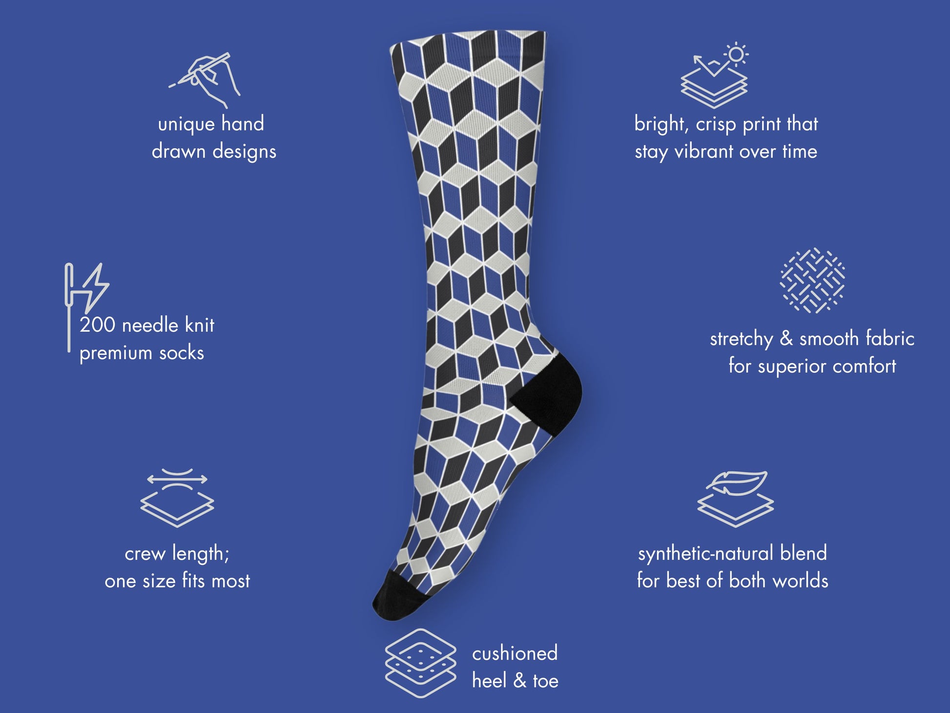 Navy Geometric Dress Socks floating mockup with features highlighted
