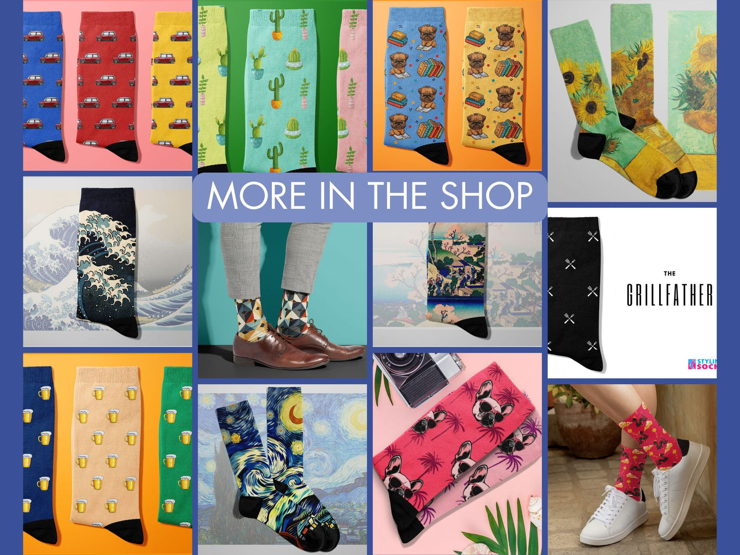 Navy Geometric Dress Socks collage of multiple colourful Styling Socks designs