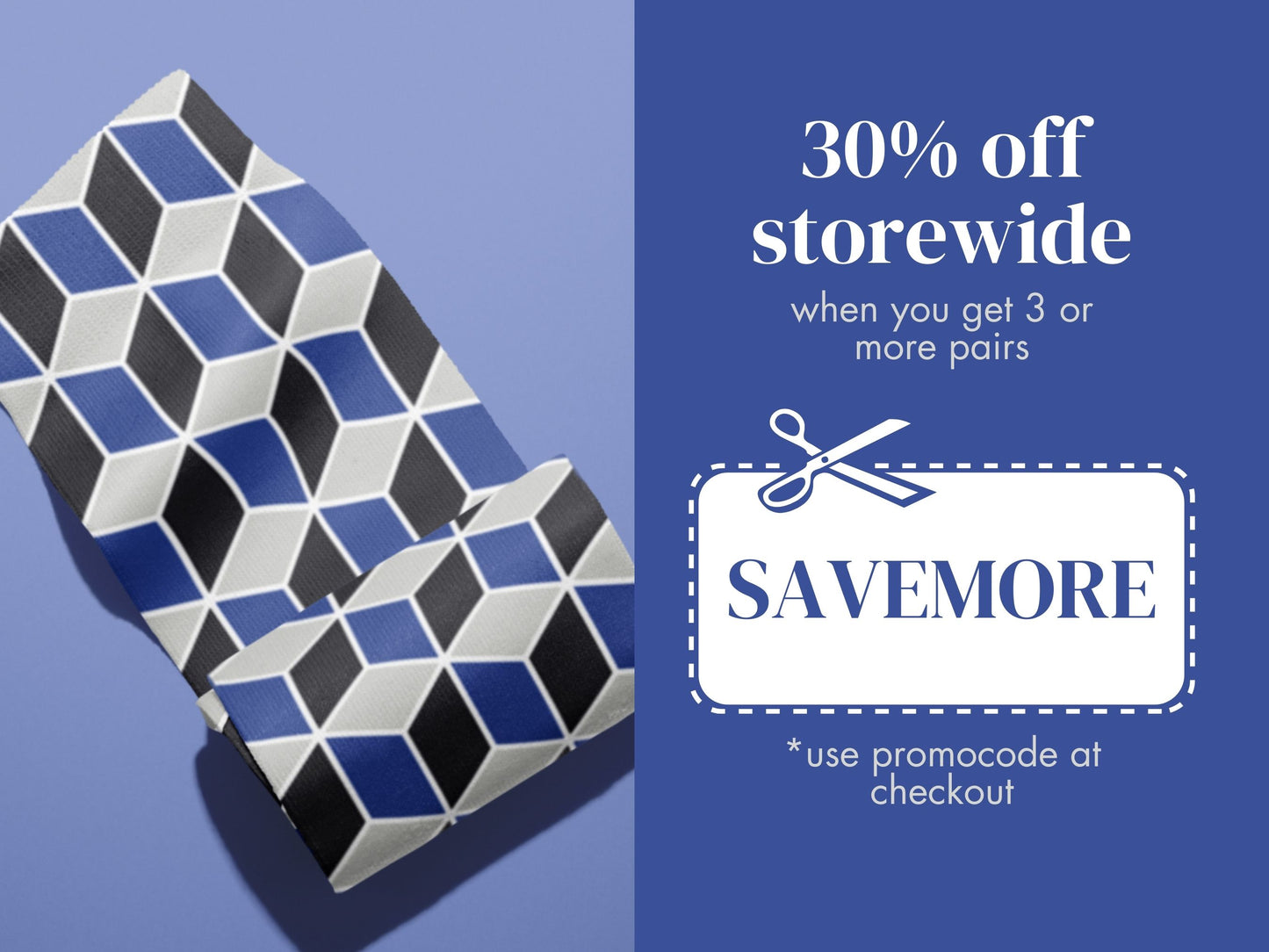 Navy Geometric Dress Socks promo code offer with socks as background