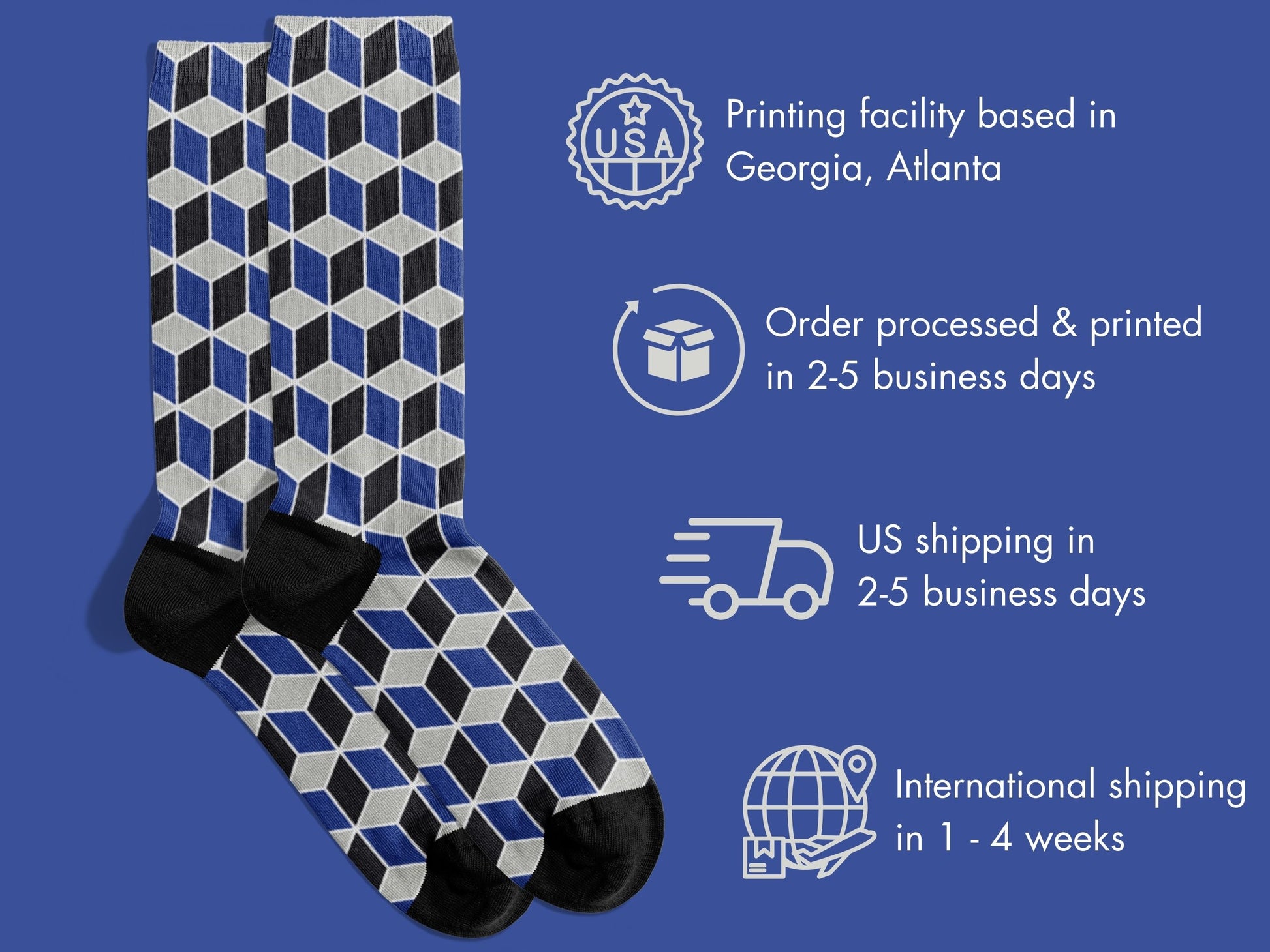 Navy Geometric Dress Socks flat lay of socks with shipping details overlay