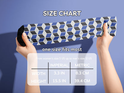 Navy Geometric Dress Socks hands stretching socks with size chart overlay